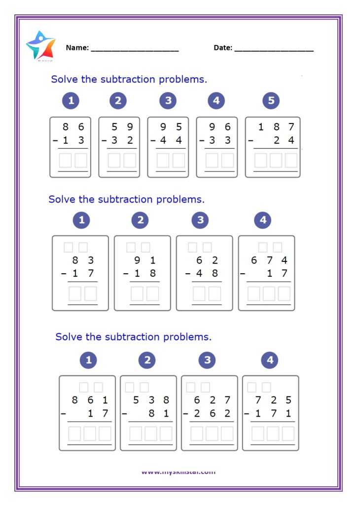 subtraction Math Worksheet for grade 3