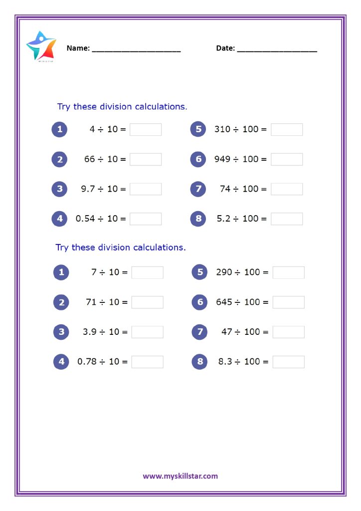 10 and 100 Division Math Worksheets for Grade 5